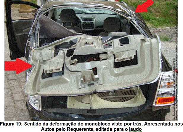 Figura de laudo: sentido da deformação do monobloco de veículo acidentado, visto por trás, com setas indicativas